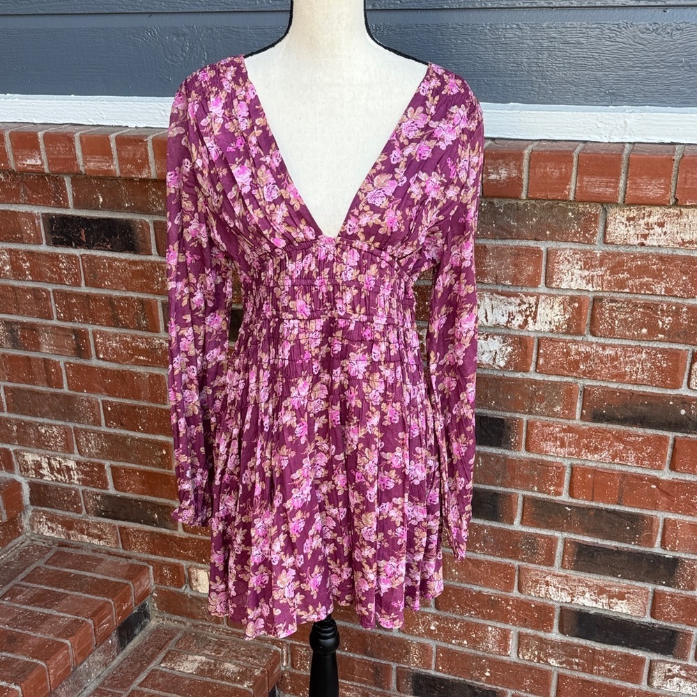 Free People Keep You Mini Dress Berry Floral NWT Women's Size M Smocked Boho